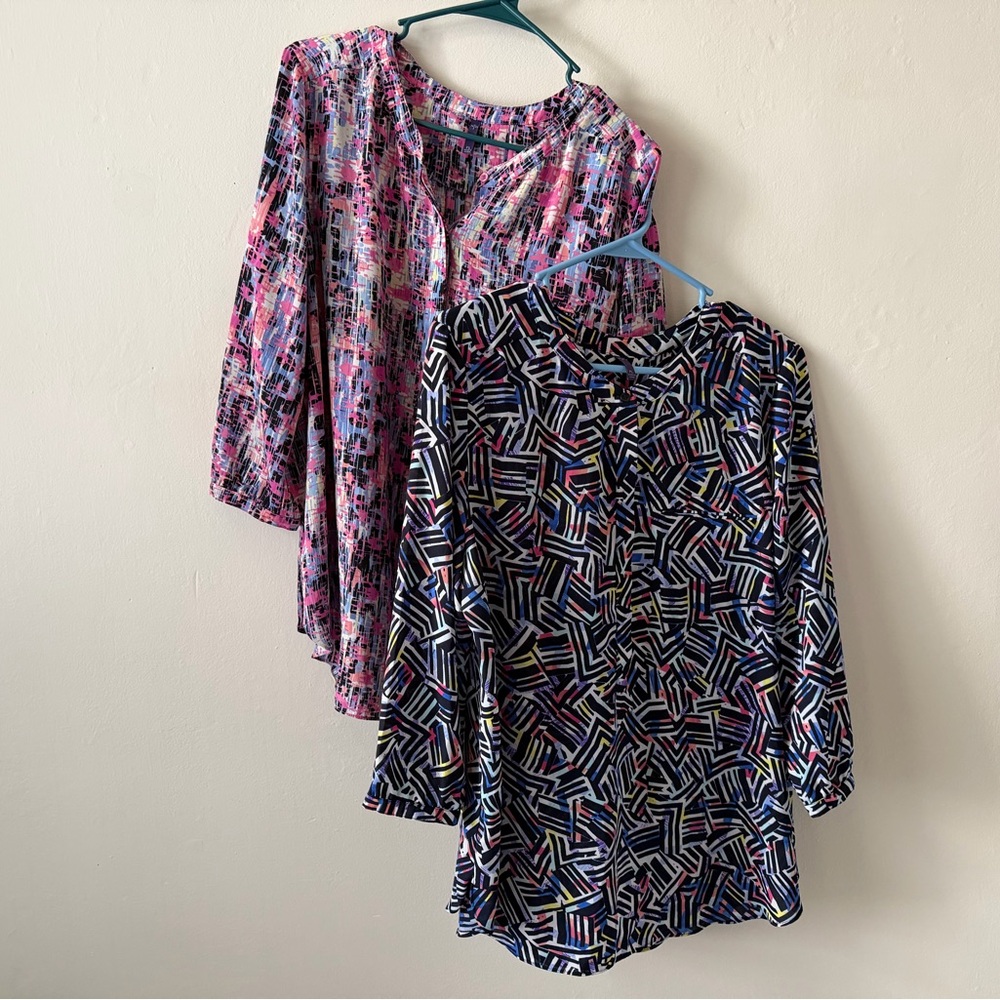 NYDJ Set of Two Geometric Abstract Career Blouses 1/2 button Down Women’s Sz PL